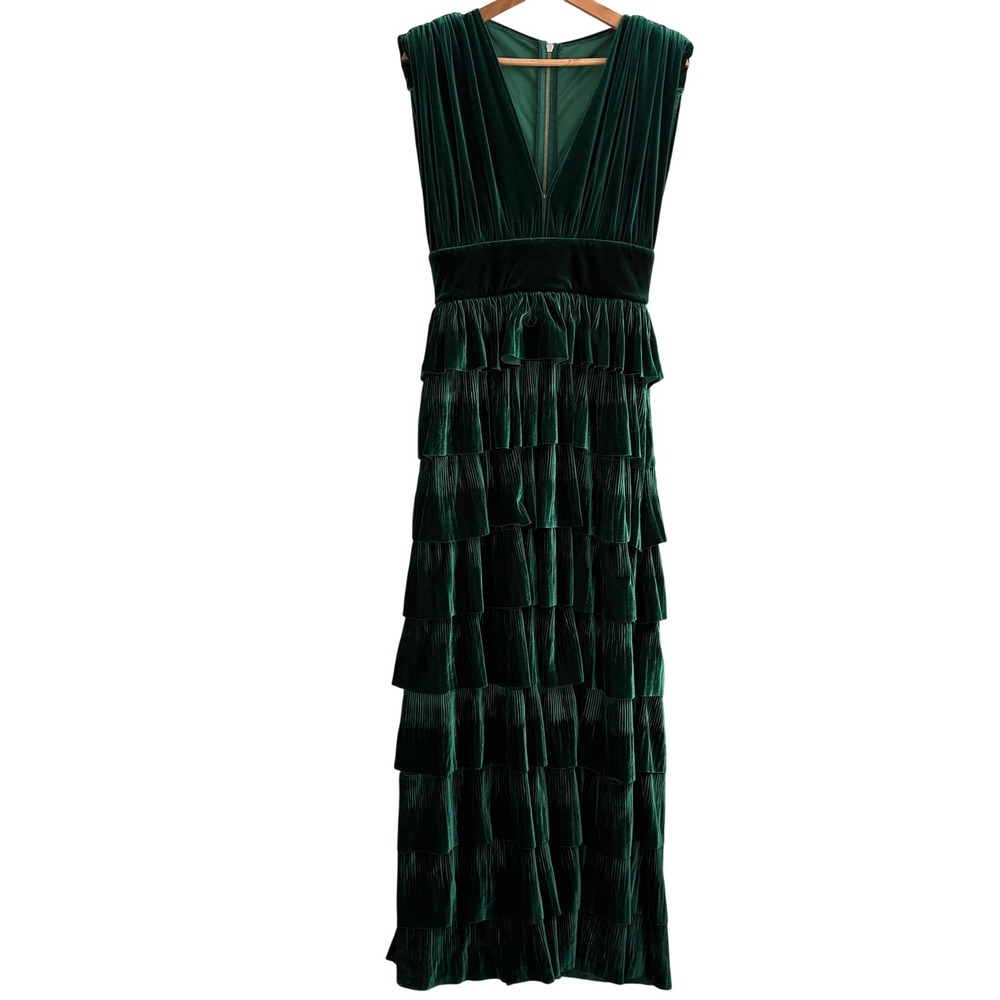 Bronx and Banco Emerald Green Velvet Tiered Pleated Maxi Dress V-Neck Gown M - Picture 3 of 9